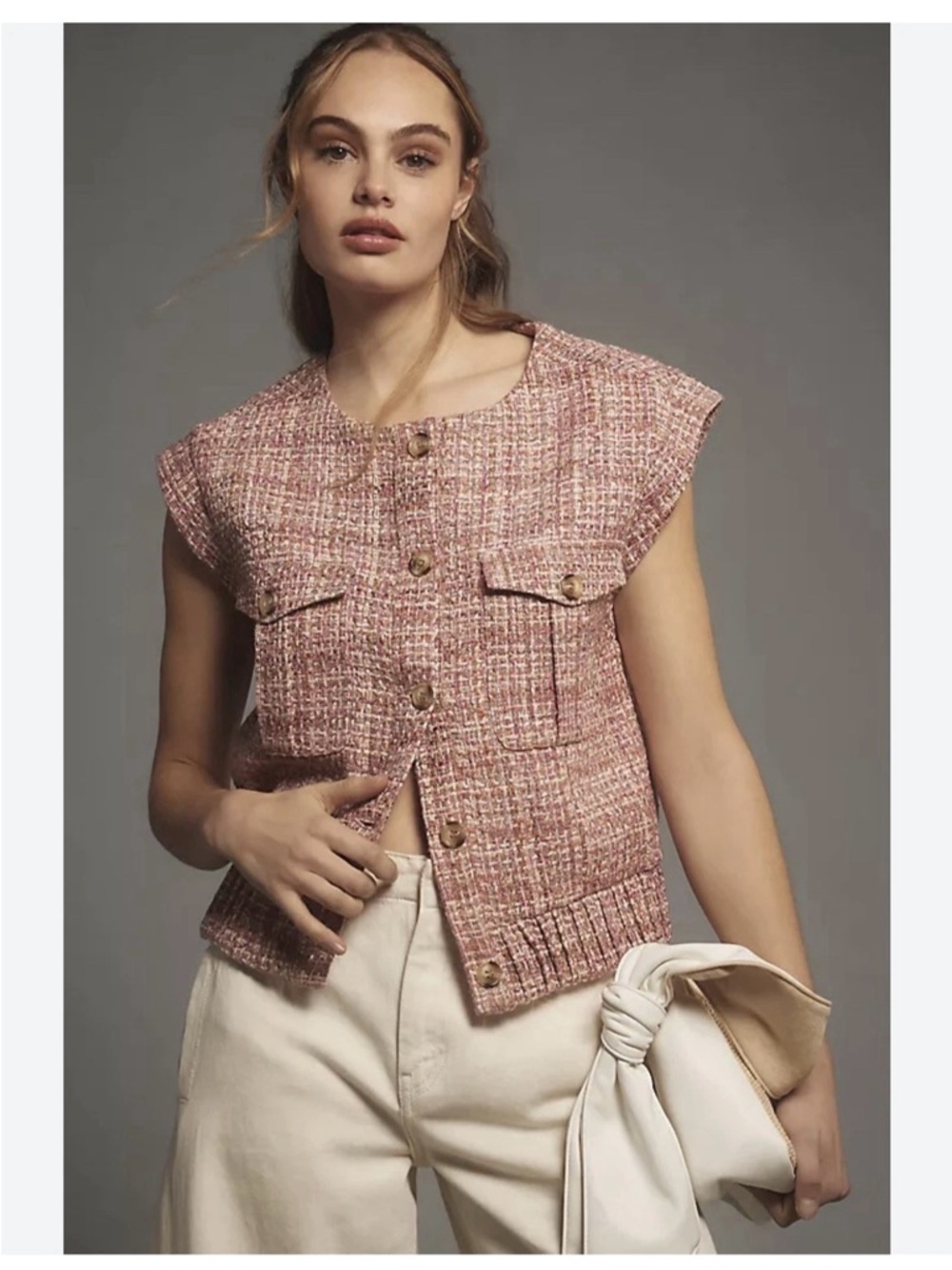 Anthropologie Pink Tweed Short-Sleeve Button Vest